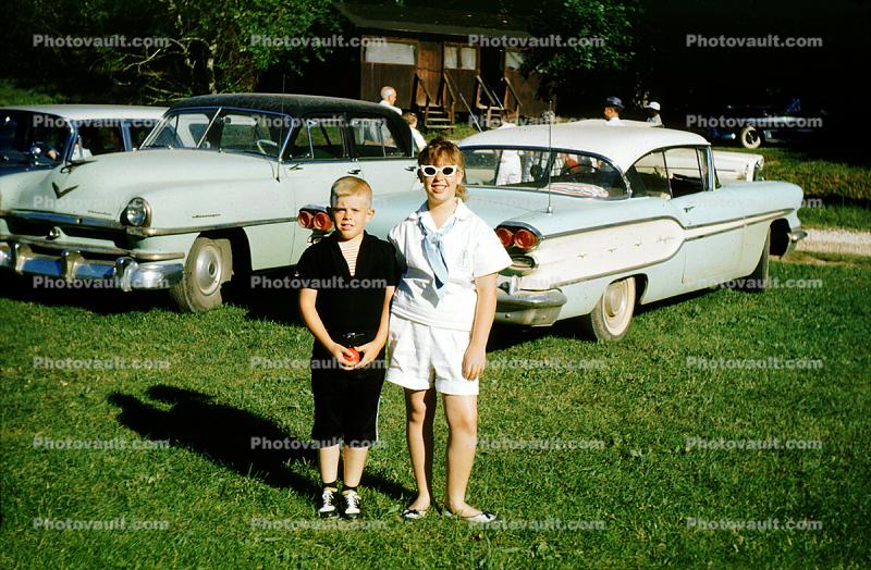 1958 Pontiac Strato Chief, Car, Boy, Girl, Smiles, 1950s
