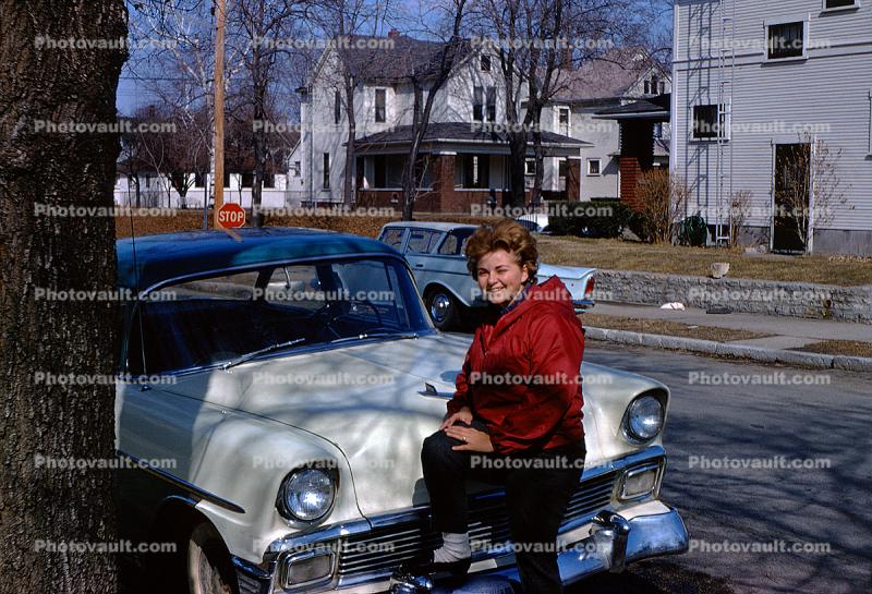 Smiling Lady, 1956 Chevrolet Two-Ten 2 Door Sedan, Car, 1950s