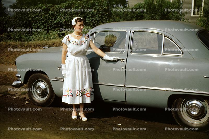 Woman, Formal Dress, 1950 Ford Custom Coupe, Car, 2-door, 1950s