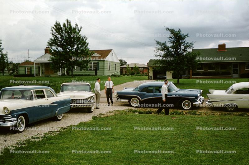 Buick Car, Chevy Bel Air, Ford, lawn, homes, suburbia, 1950s