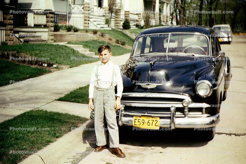 1949 Chevy Fleetline, Boy, suburbia, car, 1950s