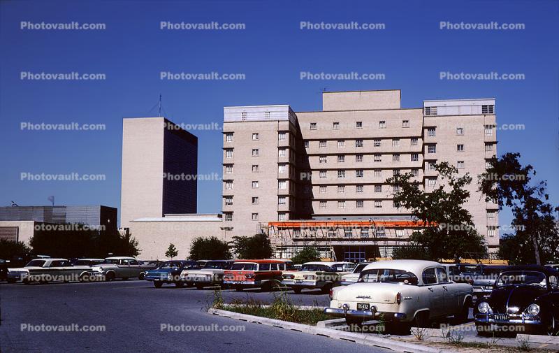Hospital Parking Lot, building, cars, 1950s