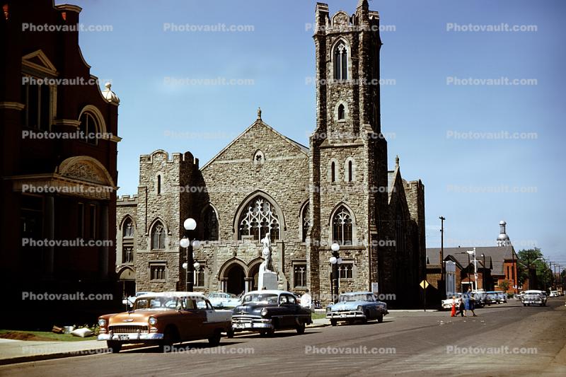 Parked Cars on the Street, Church Building, Chevy, 1950s