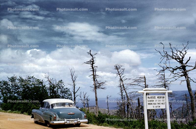 Oldsmobile, clouds, trees, MacKenze Mountain, 1954, 1950s