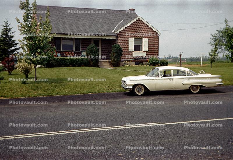 1959 Chevrolet Impala, 4-door sedan, house, lawn, rural, 1950s
