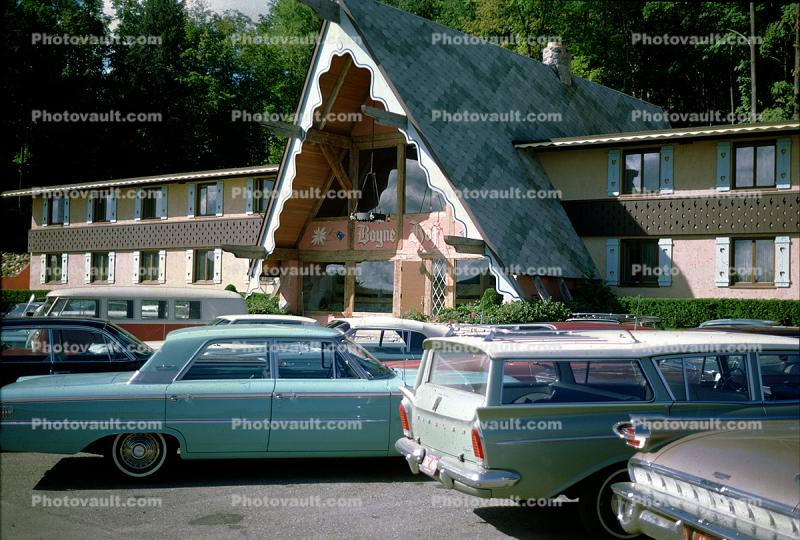 Parked Cars, Rambler Station Wagon, Ford, Boyne Hof Mountain Resort, Boyne Falls, 1960s