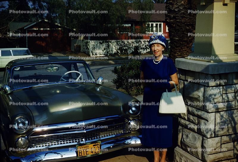 Woman with Purse, Ford Car, Hat, Smiling Lady, 1956, 1950s