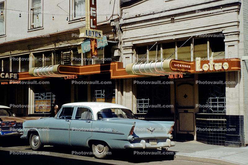 1956 Plymouth Savoy, Lotus Hotel, cafe, 4-door sedan, building, 1950s