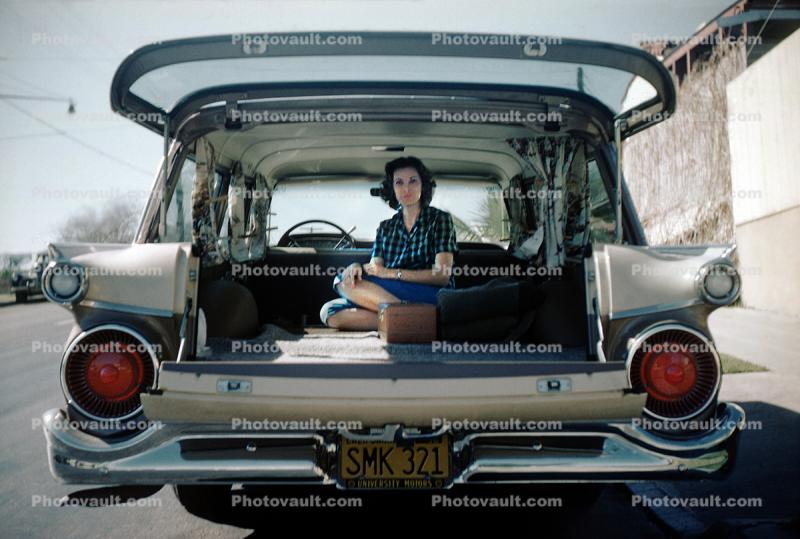 1959 Ford Fairlane 500 Station Wagon, rear, tailights, Woman, 1950s