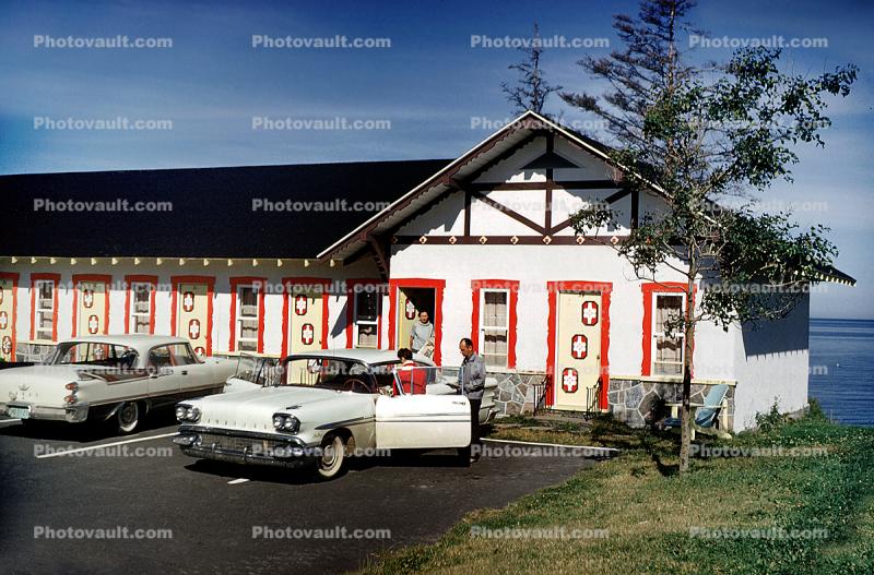Pontiac at a Motel, ocean, 1950s