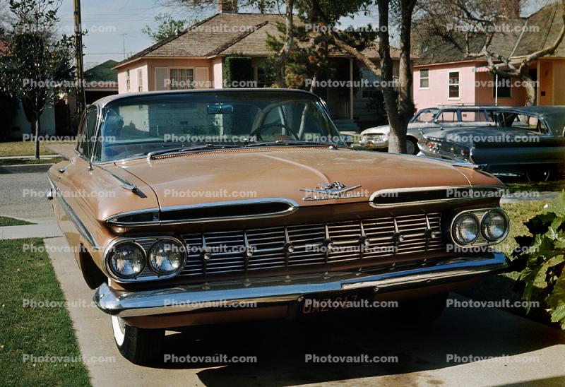 1959 Chevrolet Impala, Suburbia, front grill, headlights, 1950s