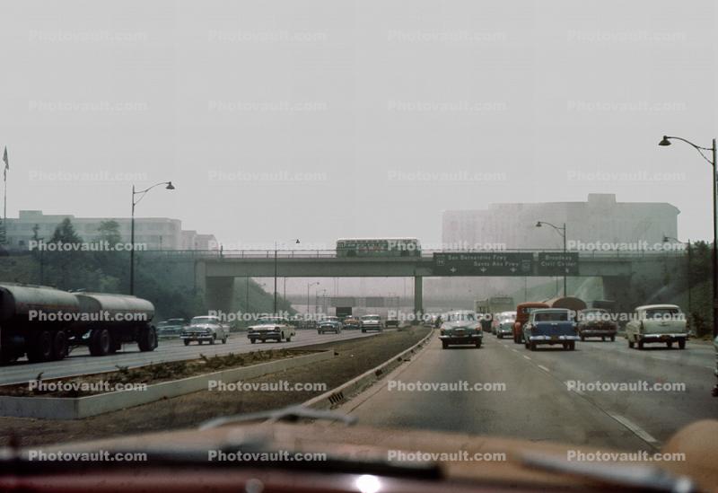 Downtown Los Angeles, Freeway, cars, Studebaker, smog, 1950s