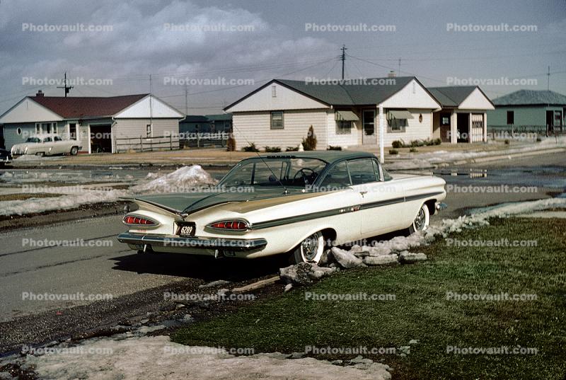 1959 Chevy Bel Air, homes, houses, snow, suburbia, 1950s