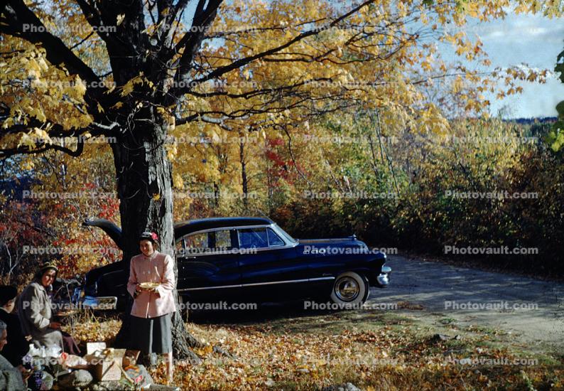 1950 Buick, 4-door Sedan, Roadside Picnic, Women, Trees, 1950s