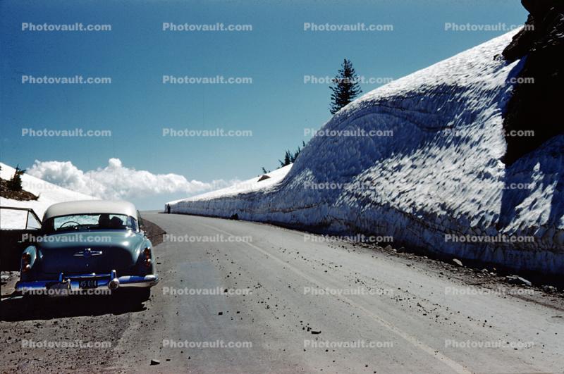 Oldsmobile at Crater Lake, road, highway, snow bank, Car, 1950s