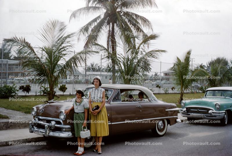 Mother and Daughter, Ford Car, Oldsmobile, Palm Trees, 1950s