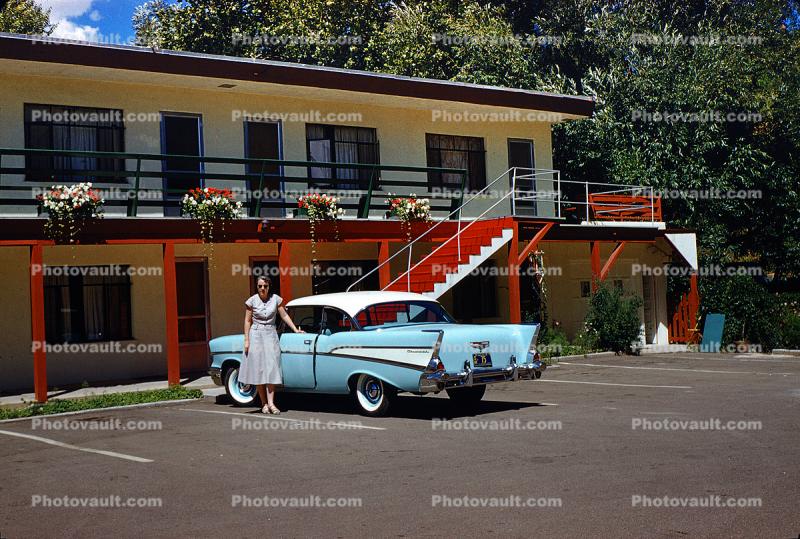 Chevy Bel Air, Motel Building, Woman, Parking Lot, 1950s