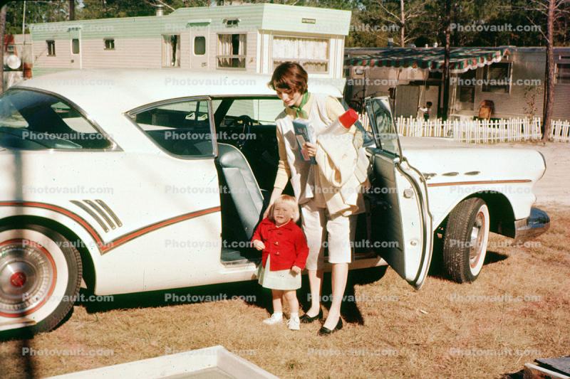 Mother, Daughter, 1955 Buick Roadmaster, 2-door, 1950s