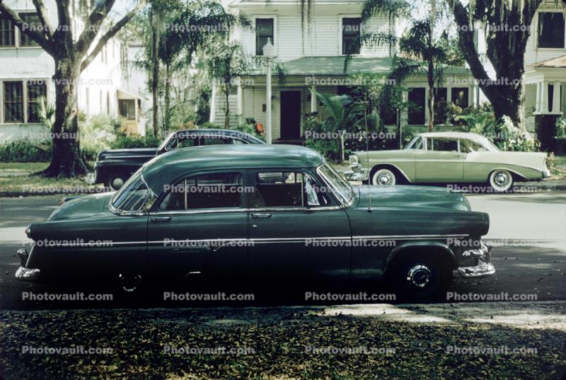 Ford Customline, Homes, houses, Chevy Belair, street, Sanford Florida, 1950s