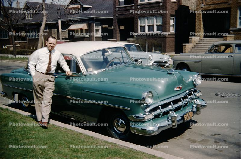 Chevrolet Belair, Man, Street, Urban Homes, 1950s