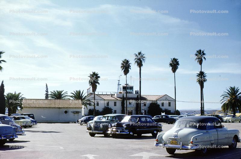Palm Trees, Airport Terminal, Parked cars, 1950s