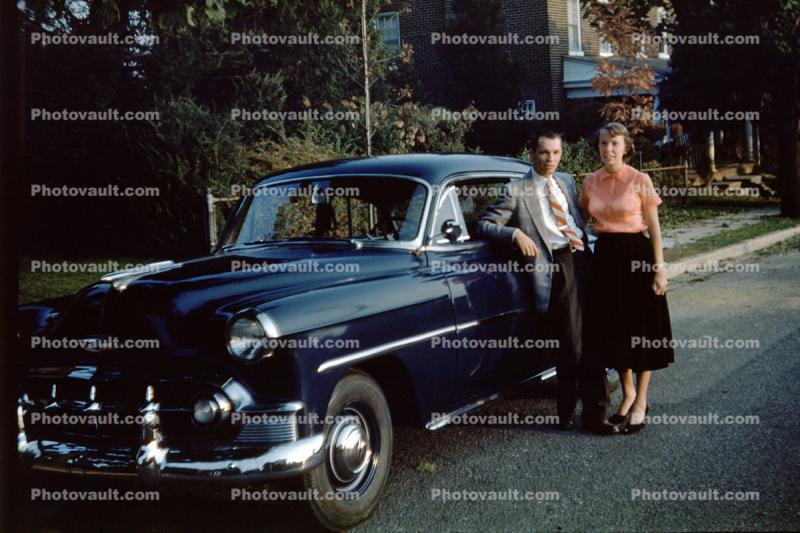 Man, Woman, Parked Car, Chevy, 1950s, 1940s