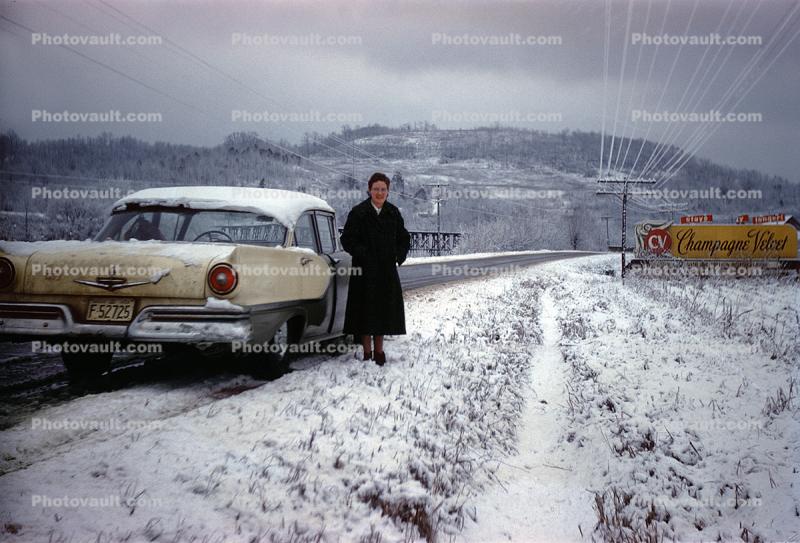 Lady in the Snowy Road, Ford Fairlane, 1950s