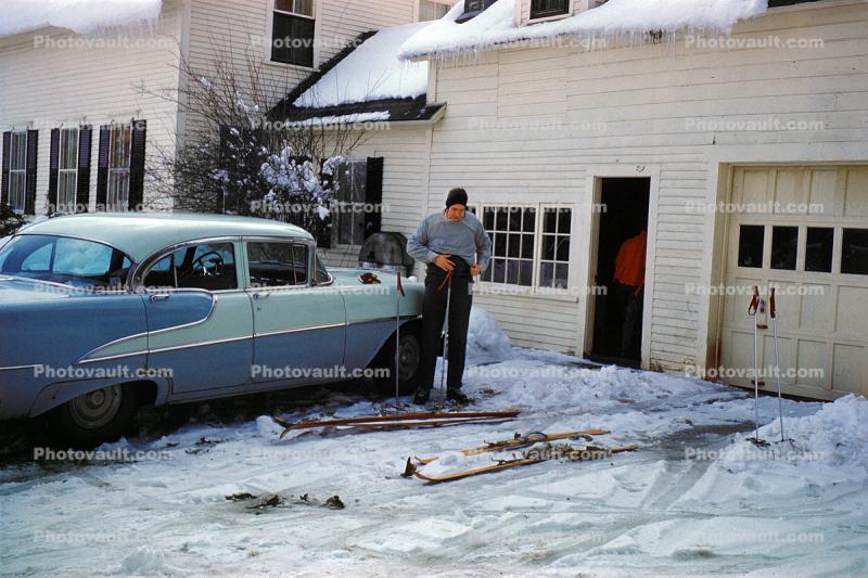 Chevy in the Snow, Skis, Ice, House, 1950s