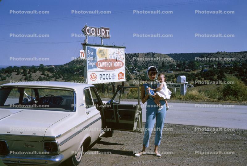 Mother with her Baby Girl, Toddler, Dodge Car, Cawthon Motel, 1960s