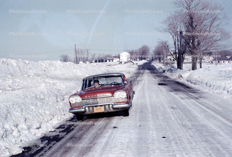 Frozen Road, 1957 Plymouth Savoy car, 1950s