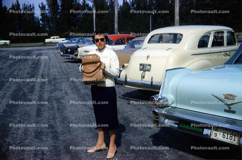 Lady at a Parking Lot, Purse, cars, 1950s