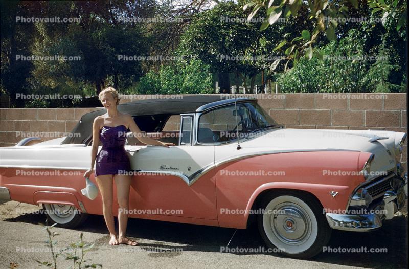 Fairlane Sunliner, Smilling Lady, Ford Car, 1950s