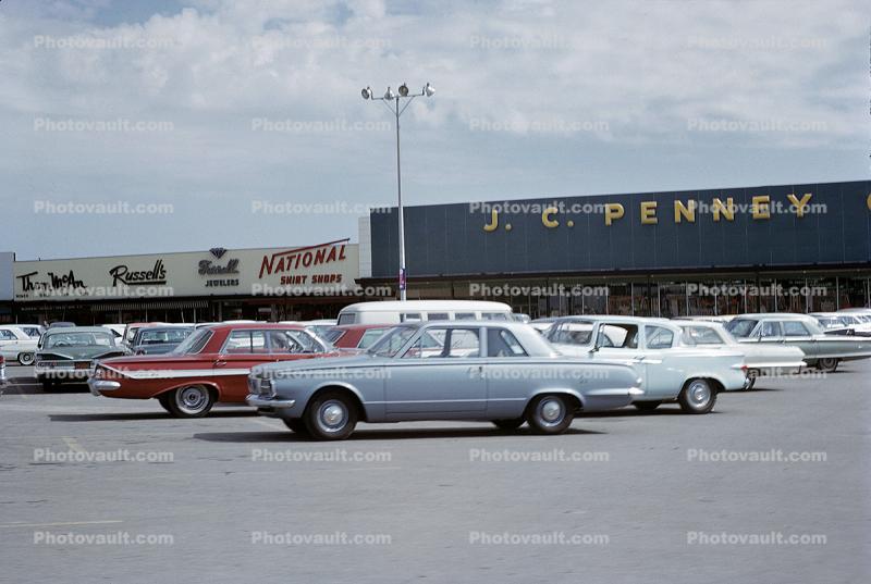 JC Penny Department Store, Parked Cars, Plymouth, Chevy, 1960s
