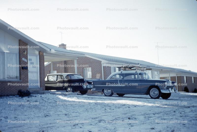 Chevy Bel Air car in the Snow, Winter, cold ice, 1950s