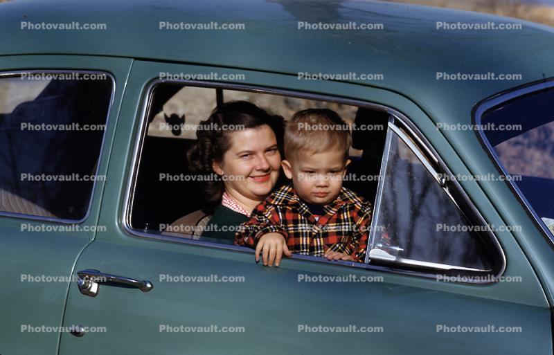1955 Ford Coup, Car, Mother and Son, 1950s
