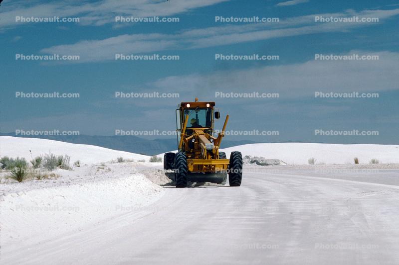 plowing gypsum sand, White Sands National Monument, New Mexico, Motor Grader, wheeled, earthmover
