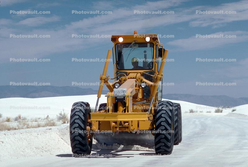 Plowing gypsum sand, White Sands National Monument, New Mexico, Motor Grader, wheeled, earthmover