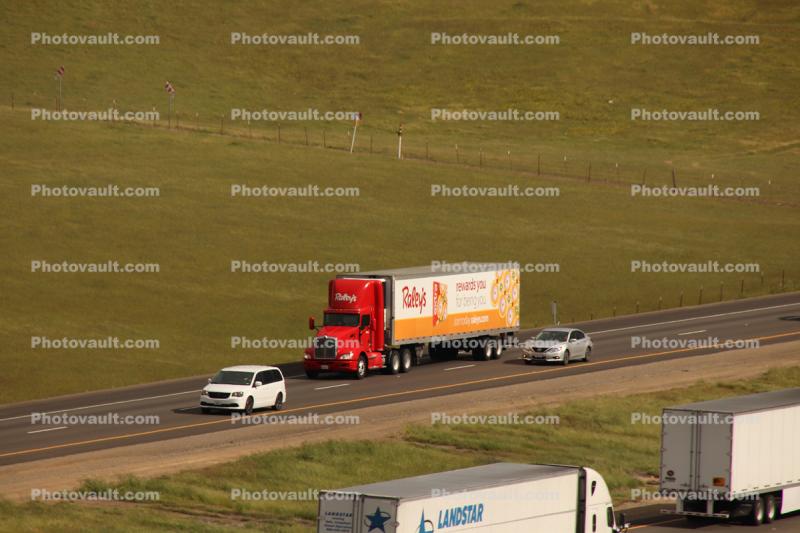 Kenworth semi trailer truck, cars, Interstate Highway I-5, near Newman