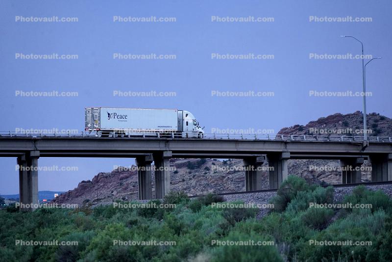 Semi Trailer Truck on Interstate Highway I-40, overpass, Gallup
