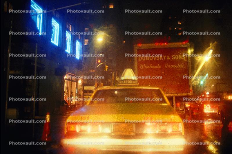 Taxi Cab, Dubovsky & Sons Wholesale Grocers, New York City, car, night, nighttime, evening