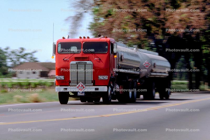 Gasoline Tanker Truck, Freightliner, cabover semi trailer, flat front, Napa Valley
