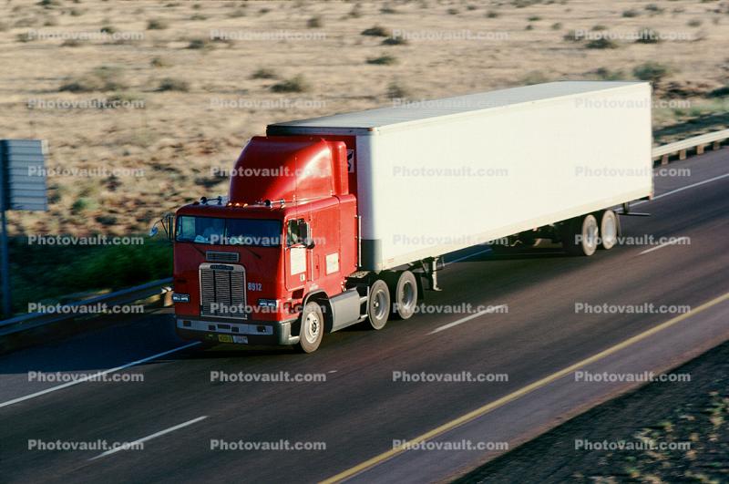 Freightliner, 8912, Interstate Highway I-40 looking west, Semi-trailer truck, cabover semi trailer truck, flat front