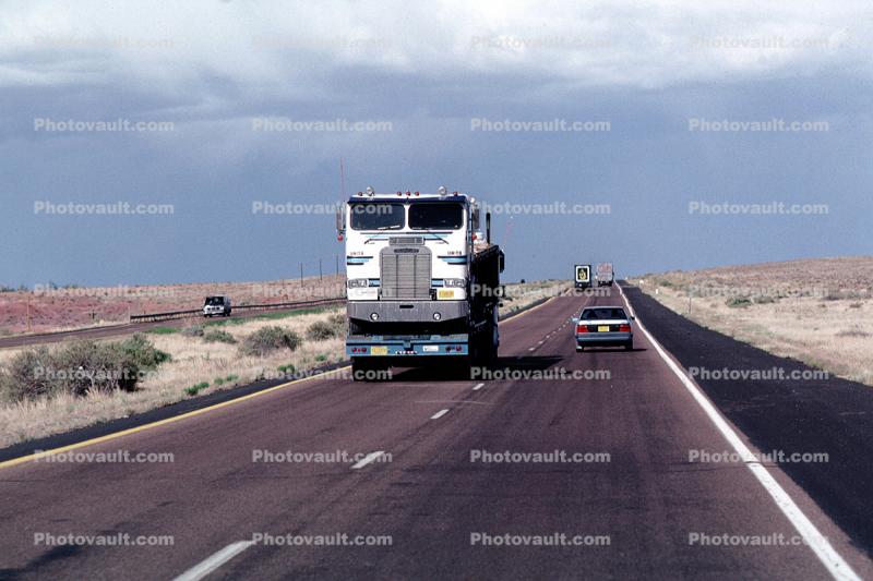Freightliner, Interstate Highway I-40, flatbed trailer, cabover semi trailer truck, flat front