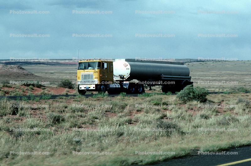 Gas Tanker Truck, Interstate Highway I-40, cabover semi trailer truck, flat front
