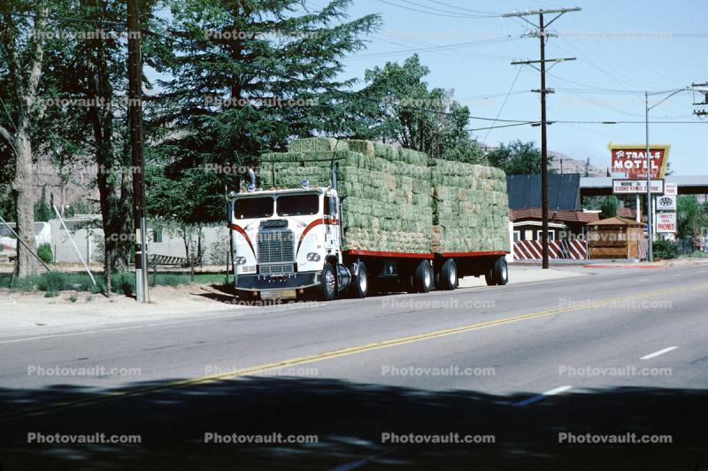 Freightliner, hay bales, Lone Pine, Owens Valley, the Trails Motel, stacks, cabover semi trailer truck, flat front