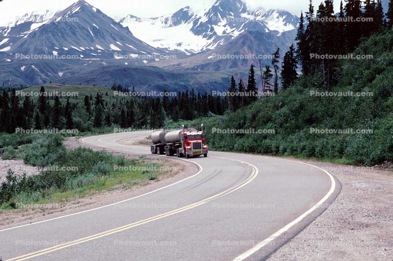 Gas Tanker Truck, Gasoline, Fuel, S-curve, Alaska Range, Highway 4, Semi