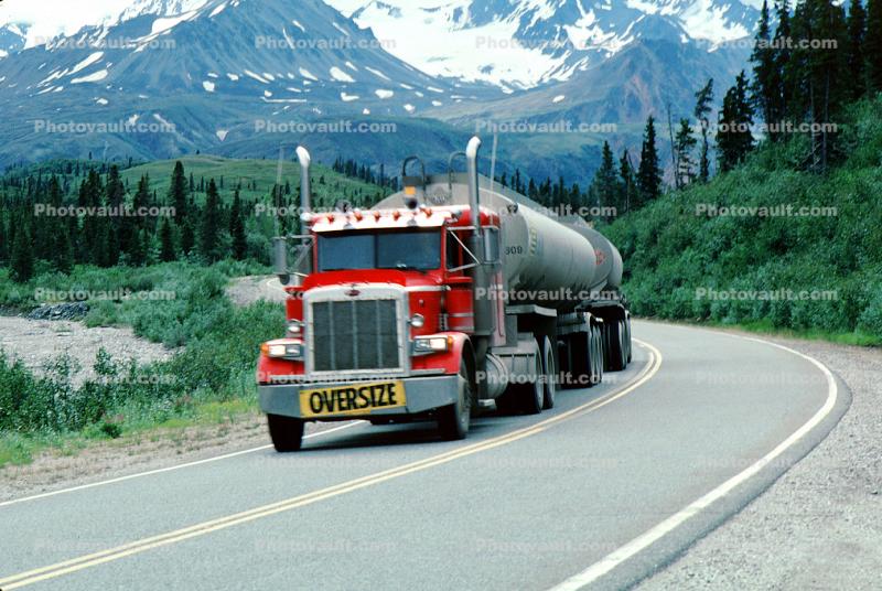 oversize Load, Gas Tanker Truck, Gasoline, Fuel, Alaska Range, Highway-4, Peterbilt, Semi