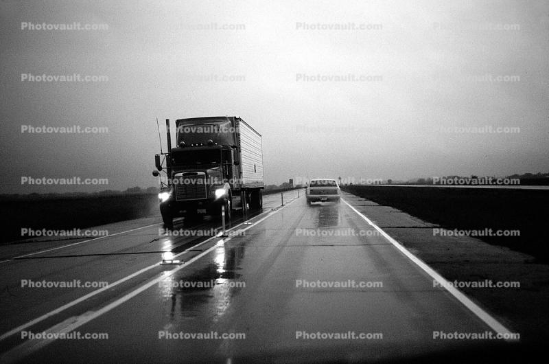 Wet Rainy Road, Highway, Evening, south of Salina, Interstate Highway I-135, Twilight, Dusk, Dawn, Semi-trailer truck, Semi