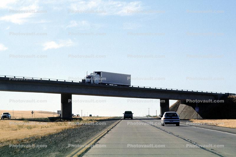 Overpass, Interstate Highway I-5 near the Grapevine, Central Valley, California, Semi-trailer truck, Semi