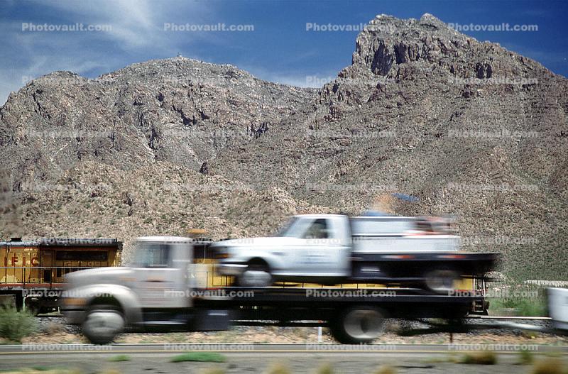 train, hill, piggyback, flatbed trailer, north of Tucson, Interstate Highway